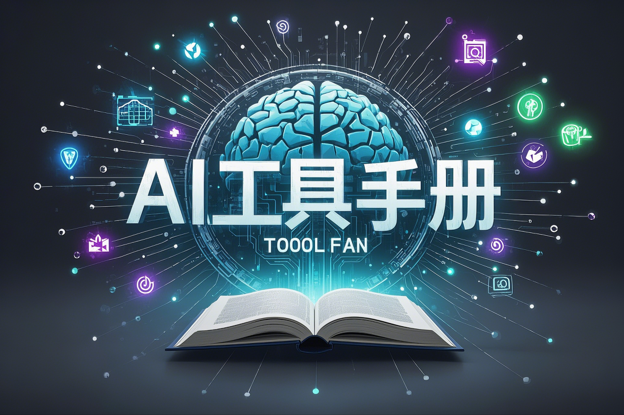 创作一张AI工具手册的宣传海报,风格为科技感和未来感。画面中心呈现一个抽象的AI大脑或电路板几何形状,周围环绕着科技感图标。画面中还有一本打开的书籍,象征着手册本身。背景为深蓝色或深灰色,带有科技纹理...