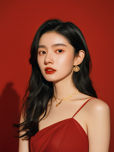 一个现代都市的中国女孩,大眼睛,眼珠又圆又有神,红色高级吊带裙,杂志大片,新年氛围,一佳能_35mm_镜头,8k,商业写真照,亚洲女模特,商业拍摄,简约干练长发,精致的配饰,人脸特写镜头,近景,身着设计感十足的未来国风风格服饰,站在霓虹灯闪烁的都市天桥上,新年的背景反光的地面映出城市的灯光,她的眼神充满了对未来的憧憬与决心,高级感的画面处理,4K分辨率,照片中的光线处理细腻, (2)