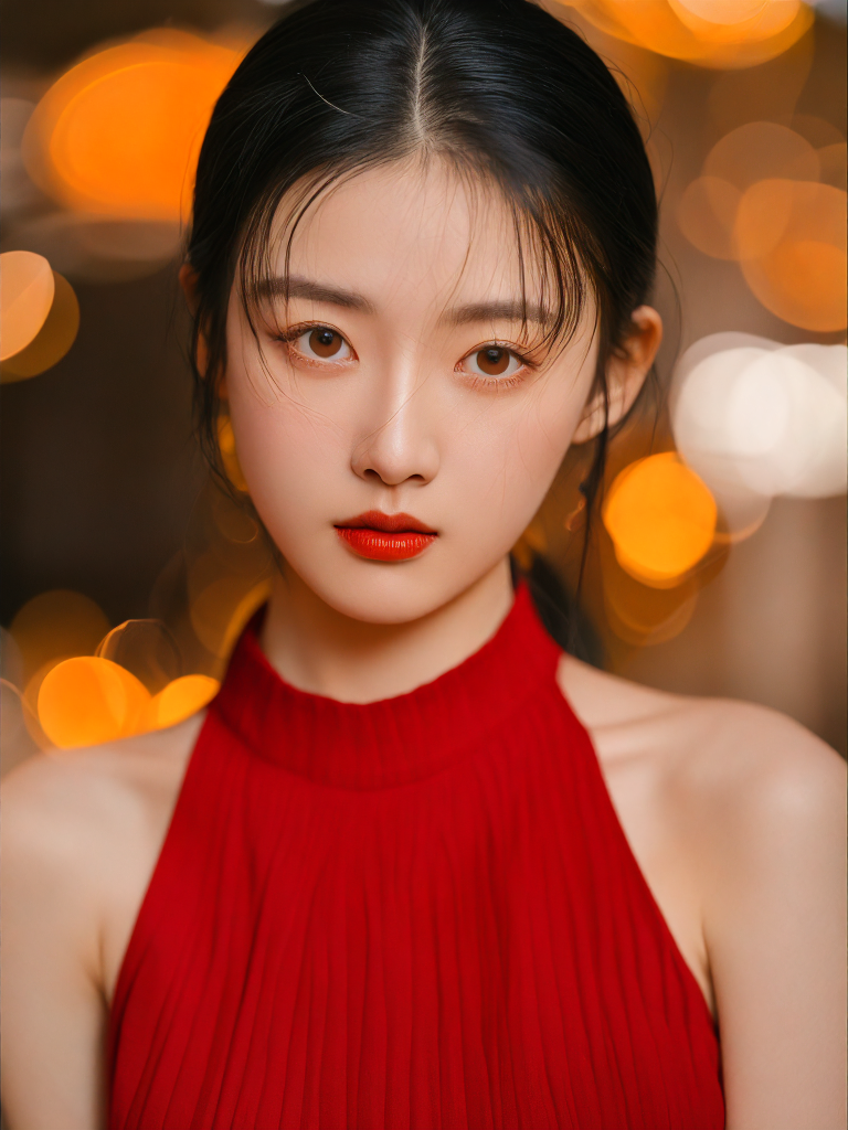 一个现代都市的中国女孩,大眼睛,眼珠又圆又有神,红色高级吊带裙,杂志大片,新年氛围,一佳能_35mm_镜头,8k,商业写真照,亚洲女模特,商业拍摄,简约干练长发,精致的配饰,人脸特写镜头,近景,身着设计感十足的未来国风风格服饰,站在霓虹灯闪烁的都市天桥上,新年的背景反光的地面映出城市的灯光,她的眼神充满了对未来的憧憬与决心,高级感的画面处理,4K分辨率,照片中的光线处理细腻,